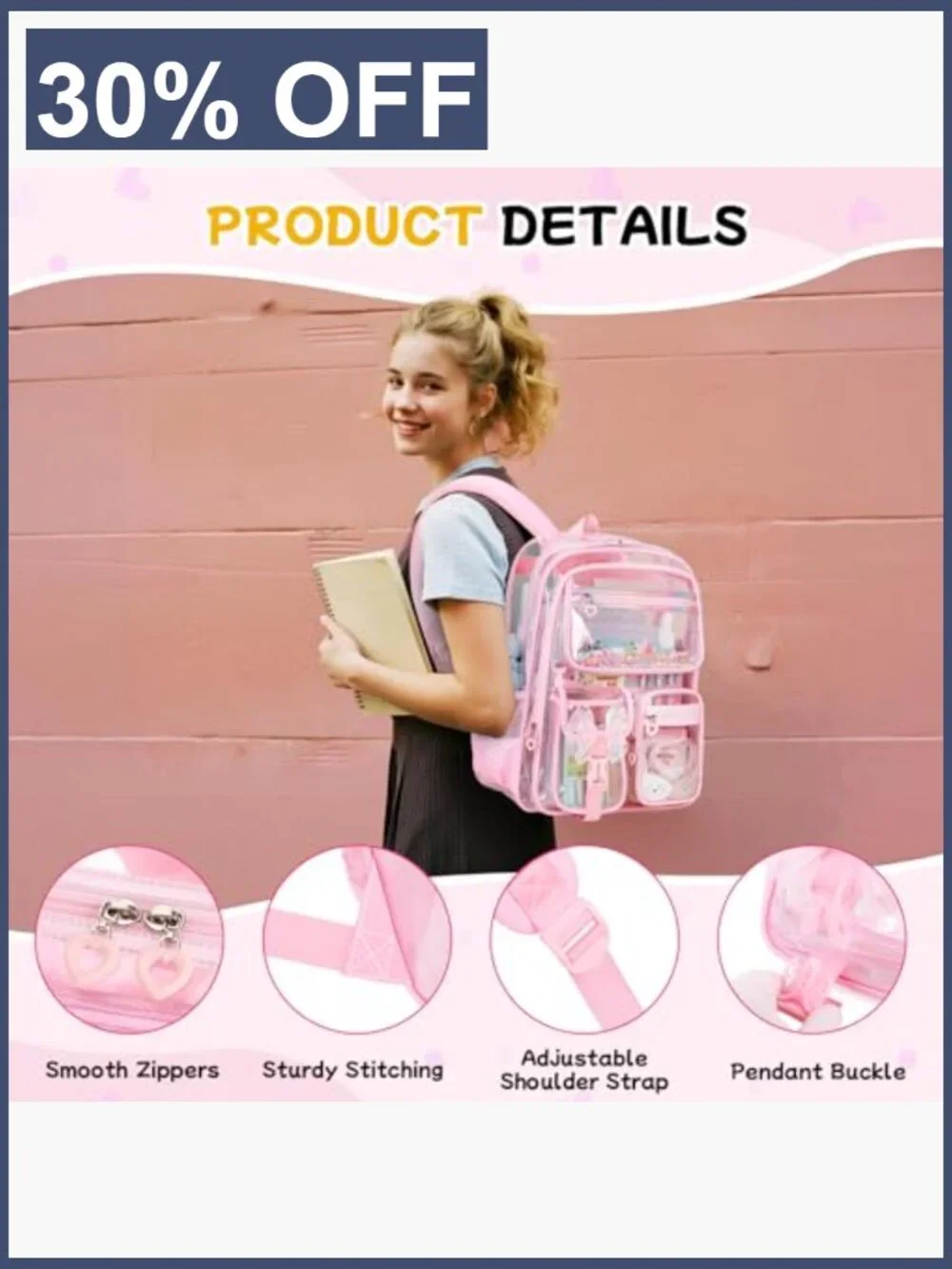 Clear Backpack for Girls, Heavy Duty Transparent Bookbag for Stadium Events,